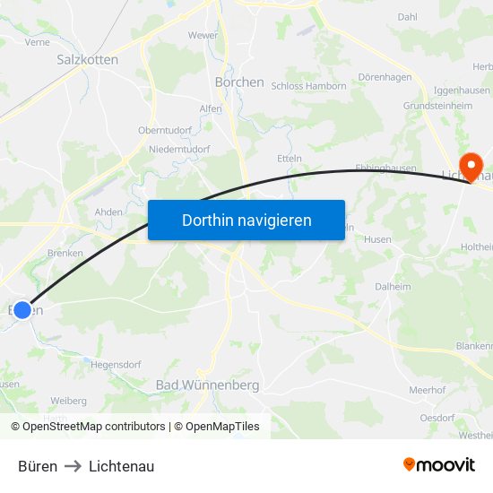 Büren to Lichtenau map
