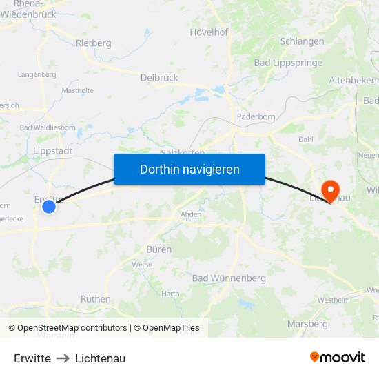 Erwitte to Lichtenau map