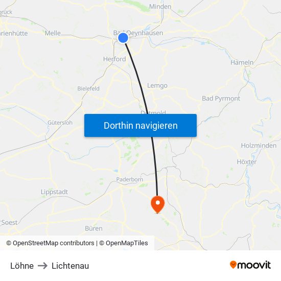 Löhne to Lichtenau map