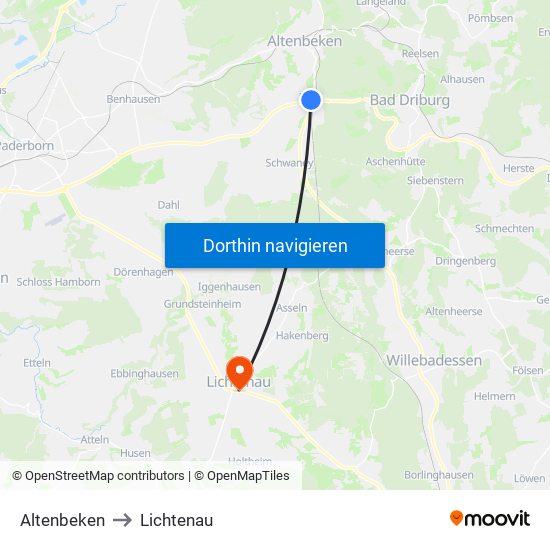 Altenbeken to Lichtenau map