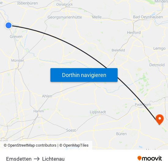 Emsdetten to Lichtenau map