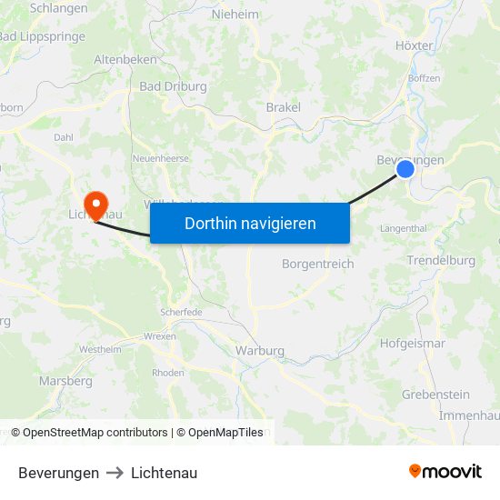 Beverungen to Lichtenau map