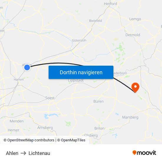 Ahlen to Lichtenau map