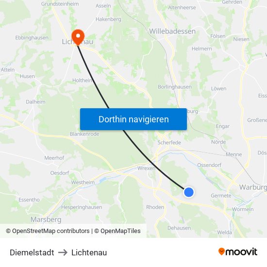 Diemelstadt to Lichtenau map