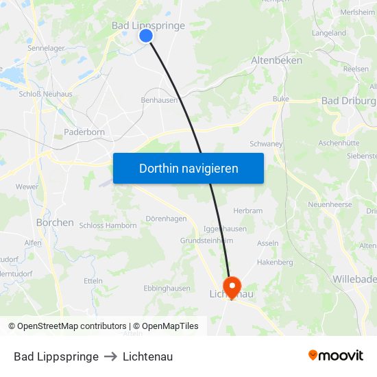 Bad Lippspringe to Lichtenau map