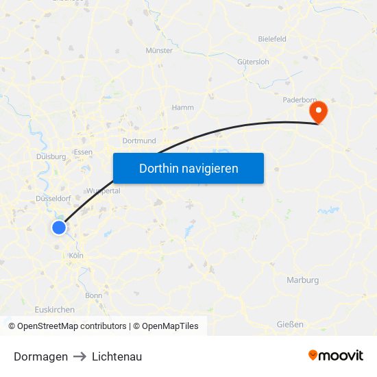 Dormagen to Lichtenau map