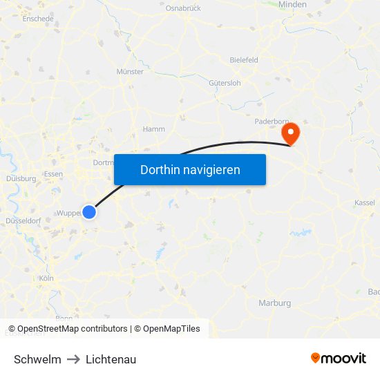 Schwelm to Lichtenau map
