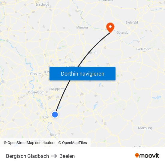 Bergisch Gladbach to Beelen map