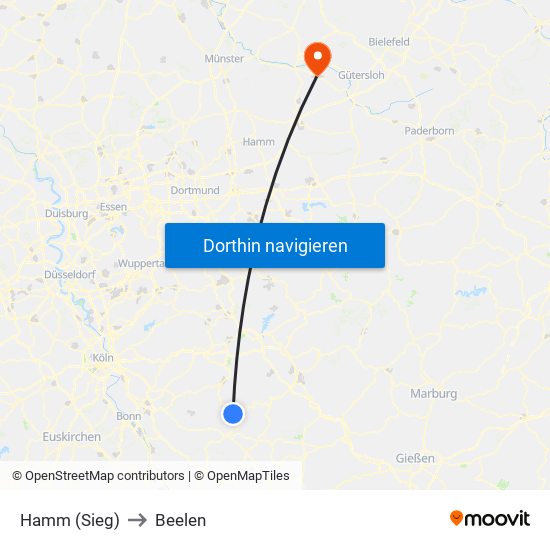 Hamm (Sieg) to Beelen map