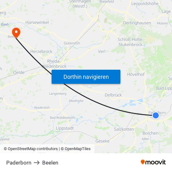 Paderborn to Beelen map