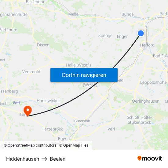 Hiddenhausen to Beelen map