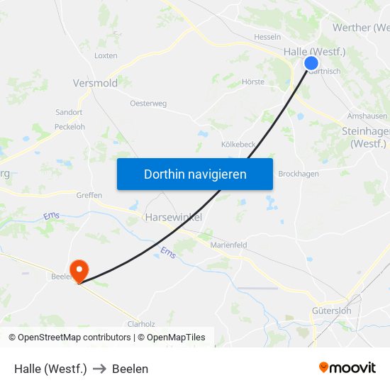Halle (Westf.) to Beelen map