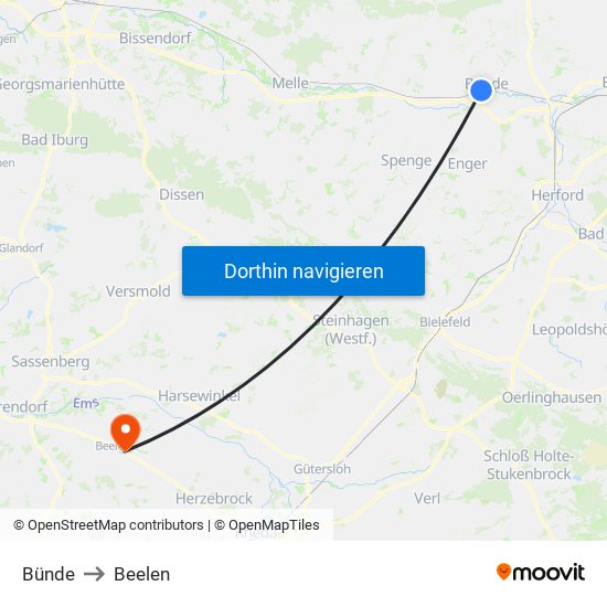 Bünde to Beelen map