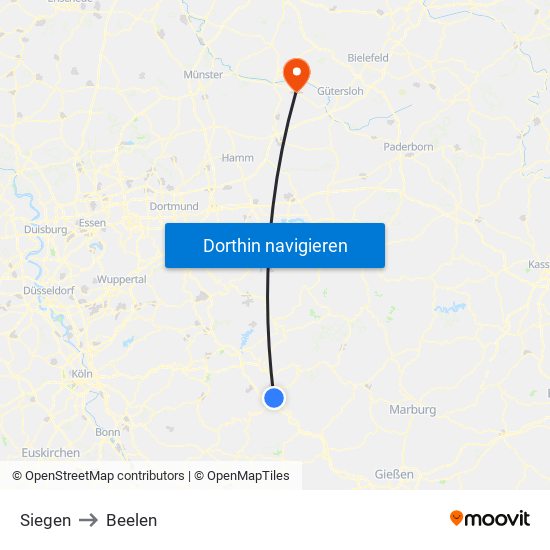 Siegen to Beelen map