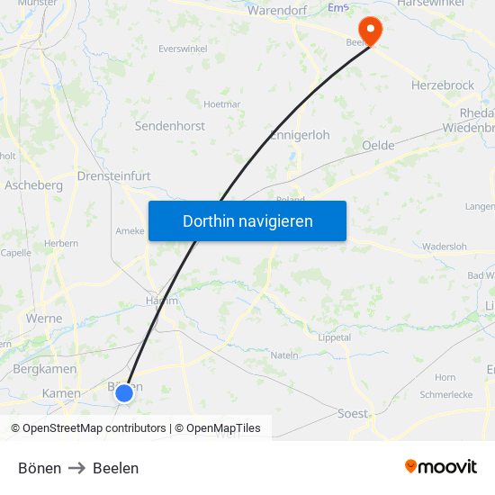 Bönen to Beelen map