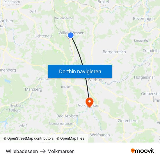Willebadessen to Volkmarsen map