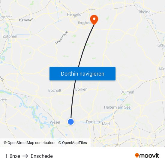 Hünxe to Enschede map