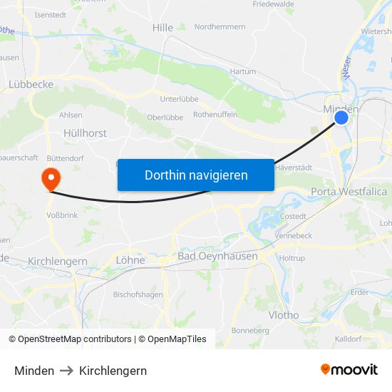 Minden to Kirchlengern map