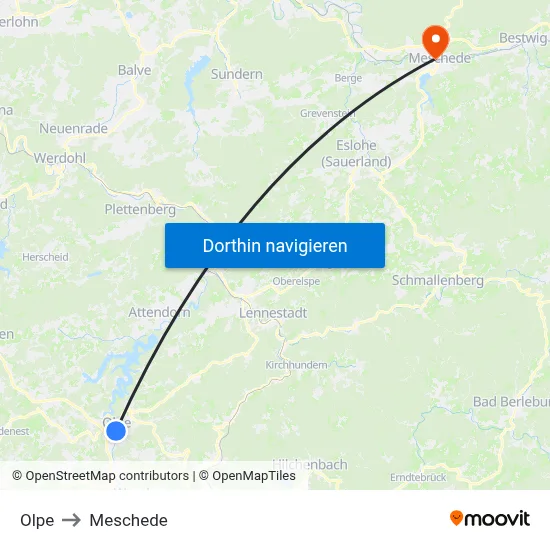 Olpe to Meschede map