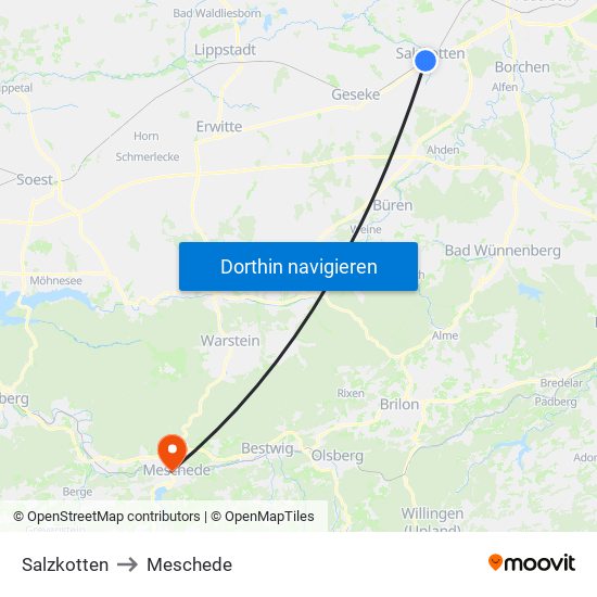 Salzkotten to Meschede map