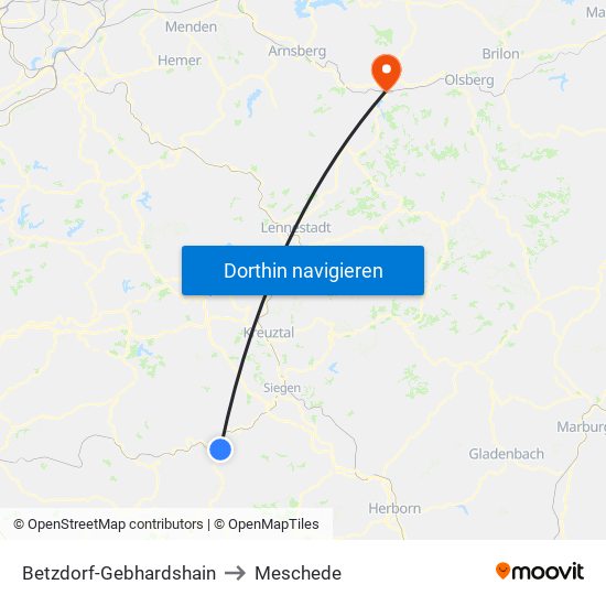 Betzdorf-Gebhardshain to Meschede map