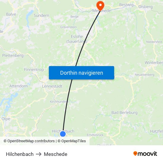 Hilchenbach to Meschede map