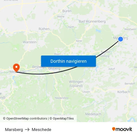 Marsberg to Meschede map