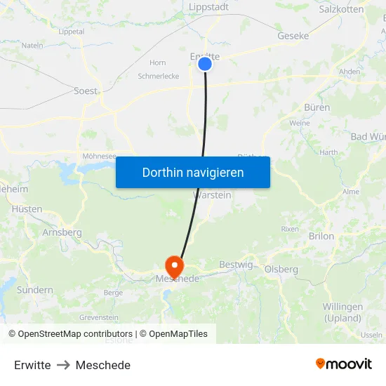 Erwitte to Meschede map
