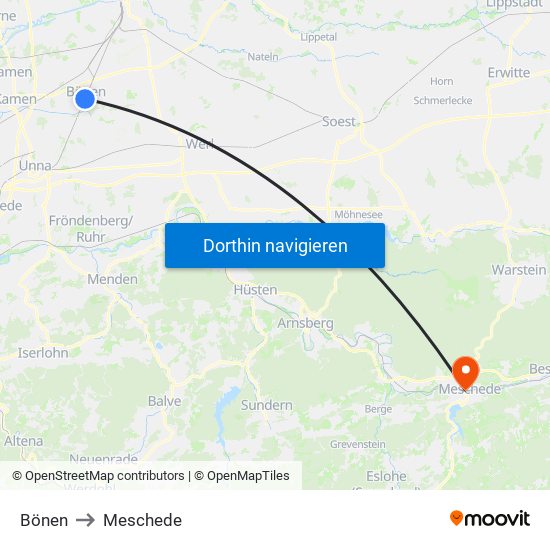 Bönen to Meschede map