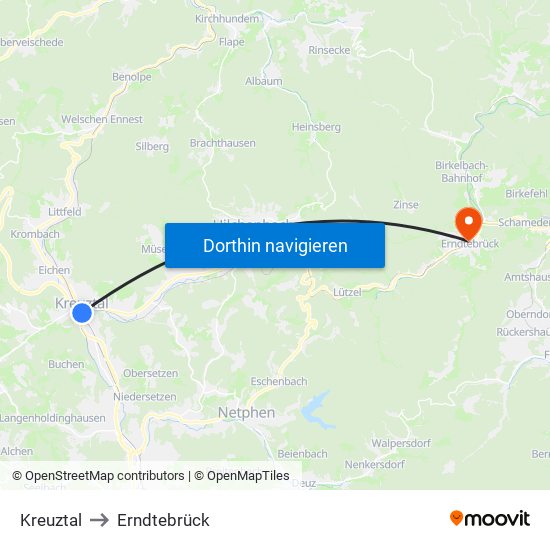 Kreuztal to Erndtebrück map