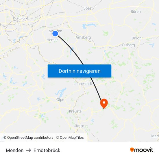 Menden to Erndtebrück map