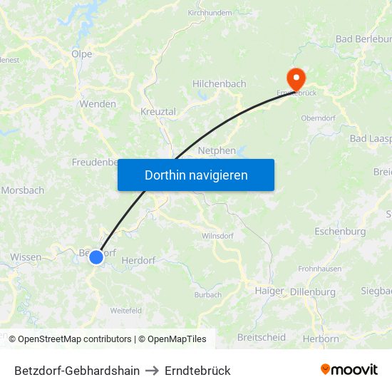 Betzdorf-Gebhardshain to Erndtebrück map