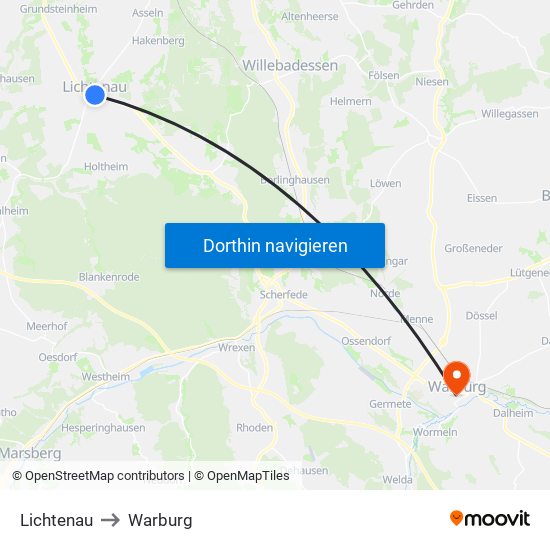 Lichtenau to Warburg map