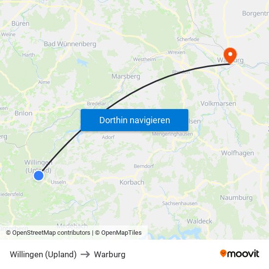 Willingen (Upland) to Warburg map