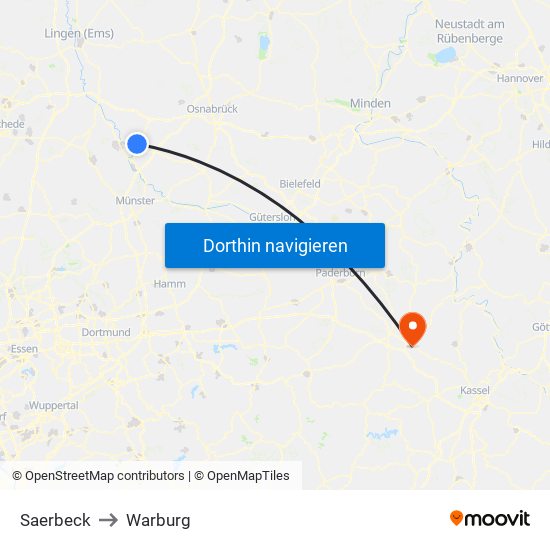 Saerbeck to Warburg map