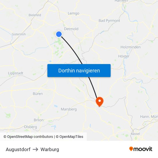 Augustdorf to Warburg map