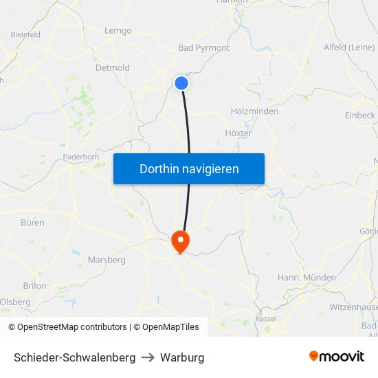 Schieder-Schwalenberg to Warburg map