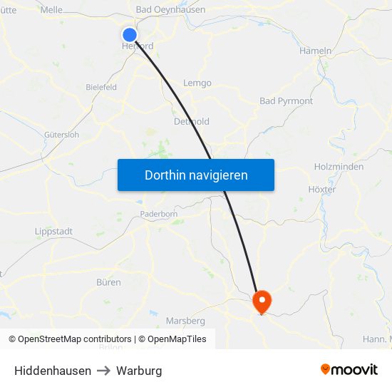 Hiddenhausen to Warburg map