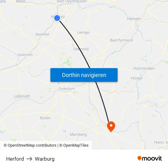 Herford to Warburg map