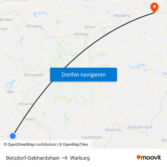 Betzdorf-Gebhardshain to Warburg map