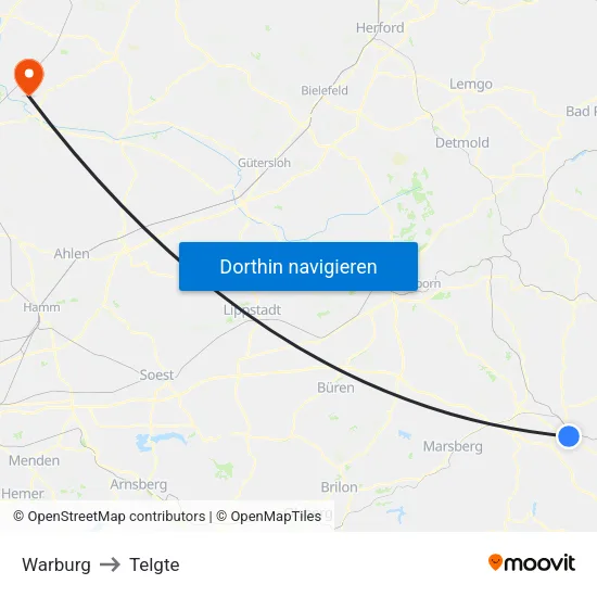 Warburg to Telgte map