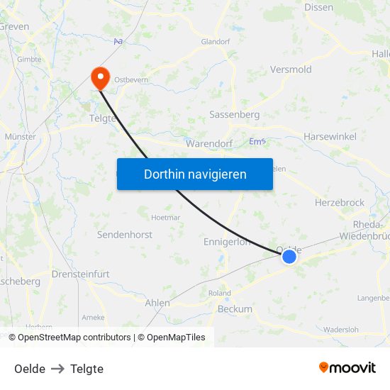 Oelde to Telgte map