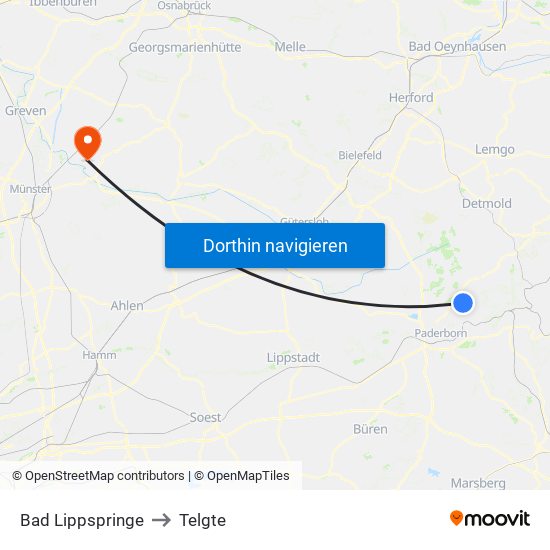 Bad Lippspringe to Telgte map