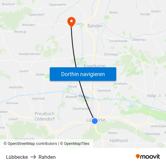 Lübbecke to Rahden map