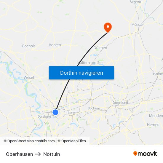 Oberhausen to Nottuln map