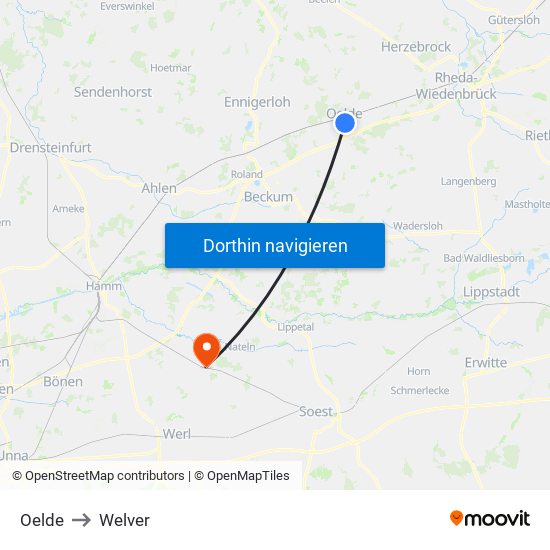 Oelde to Welver map