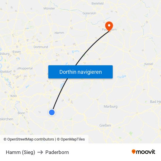 Hamm (Sieg) to Paderborn map