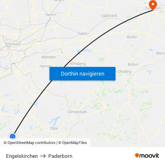 Engelskirchen to Paderborn map