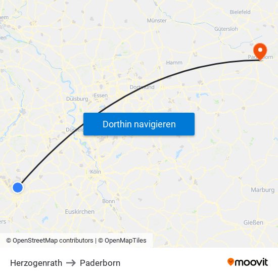 Herzogenrath to Paderborn map