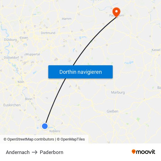 Andernach to Paderborn map